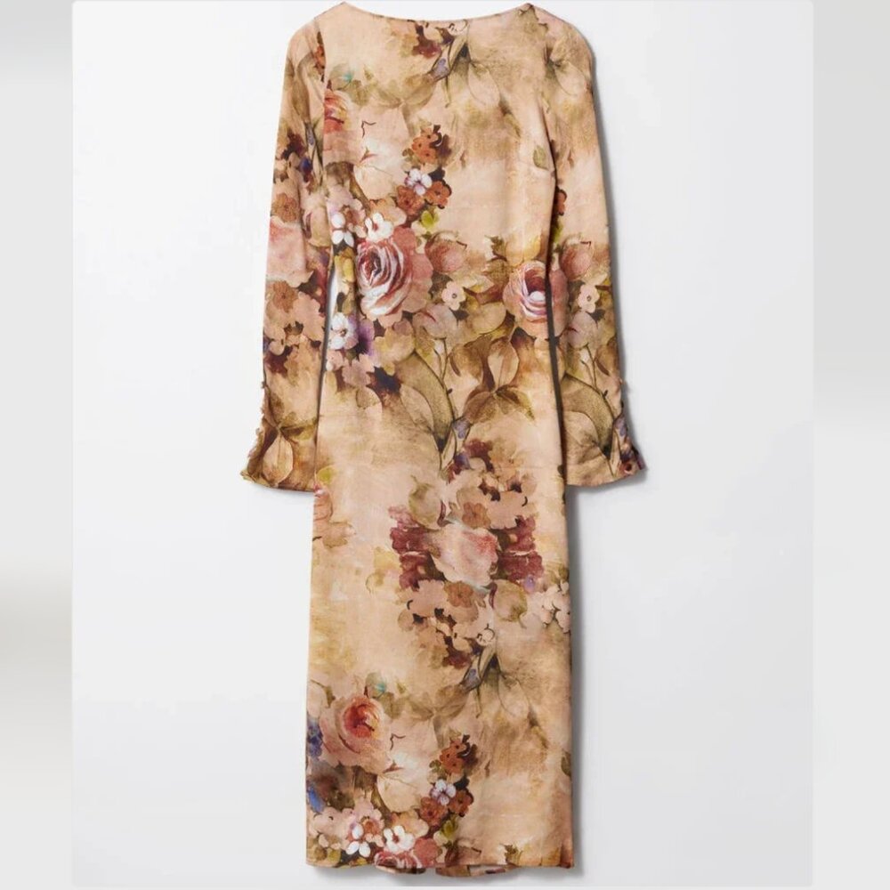 & Other Stories Floral-Print Midi Dress in Beige Floral Buttons Size 12 NWT